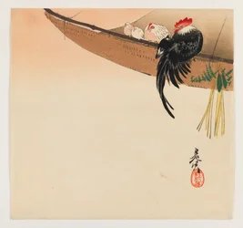 Hühner und Hahn mit Hängematte aus der Serie Hana Kurabe, ca. 1880